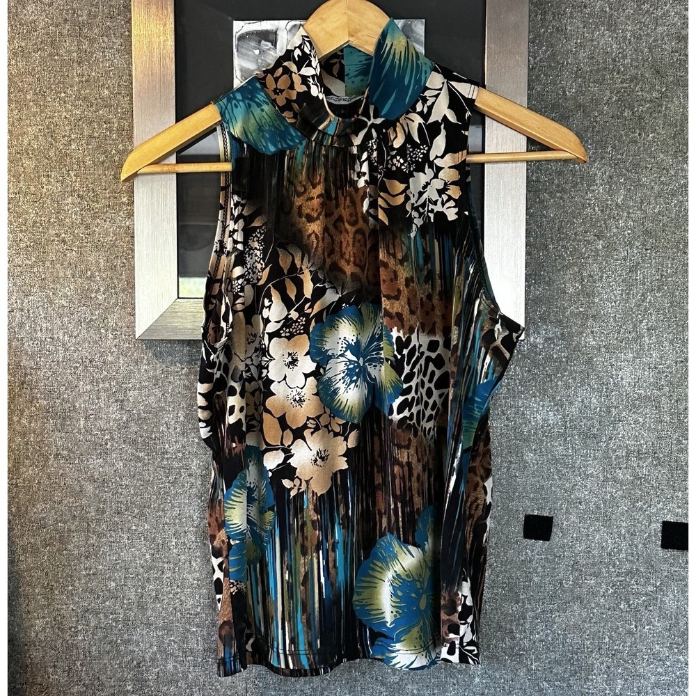 Bleeker & McDougal Sleeveless Mock Neck Top S Animal Floral Print‎ Leopard Chic